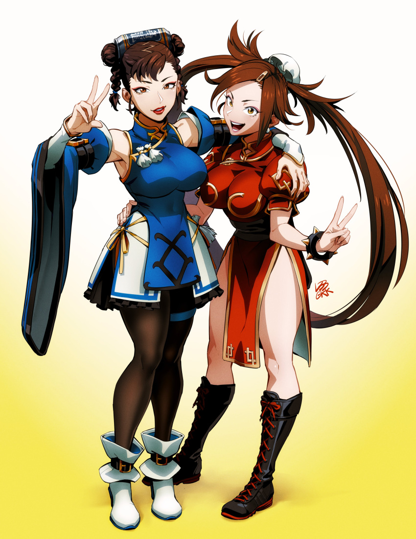 2girls absurdres arm_around_waist arm_over_shoulder belt_boots black_footwear blue_dress boots bracelet breasts brown_eyes brown_hair buckle bun_cover chinese_clothes chun-li cosplay costume_switch cross-laced_footwear detached_sleeves dress eyeshadow full_body gold_trim gradient gradient_background guilty_gear hair_bun hair_ornament hair_ring highres impossible_clothes jewelry kanta-kun kuradoberi_jam lace-up_boots large_breasts leg_strap lipstick makeup multiple_girls open_mouth pantyhose pelvic_curtain puffy_sleeves red_dress signature smile spiked_bracelet spikes street_fighter twintails v yellow_eyes