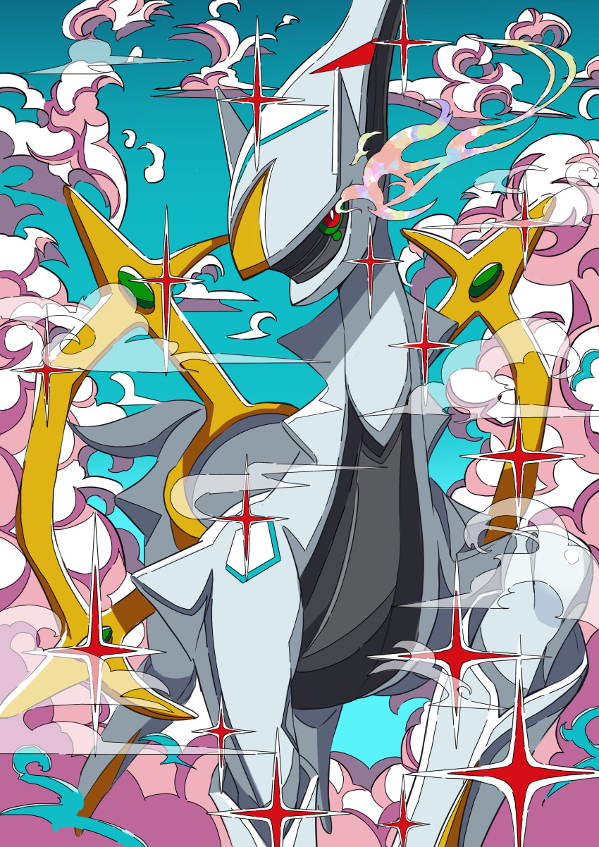 absurdres arceus bright_pupils clouds colored_sclera commentary_request green_sclera highres looking_at_viewer niumu no_humans pokemon pokemon_(creature) red_eyes solo sparkle white_pupils