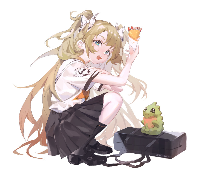 1girl aqua_eyes bag bangs black_footwear black_legwear black_skirt blonde_hair bow breasts brown_hair commentary_request crepe food gradient_hair groove_coaster hair_bow hair_ornament hand_up highres holding holding_food long_hair looking_at_viewer looking_to_the_side multicolored_hair neckerchief open_mouth orange_neckerchief pleated_skirt reset sailor_collar school_bag school_uniform shoes short_sleeves simple_background skirt small_breasts smile socks solo squatting stuffed_toy white_background white_bow white_sailor_collar yume_(groove_coaster)