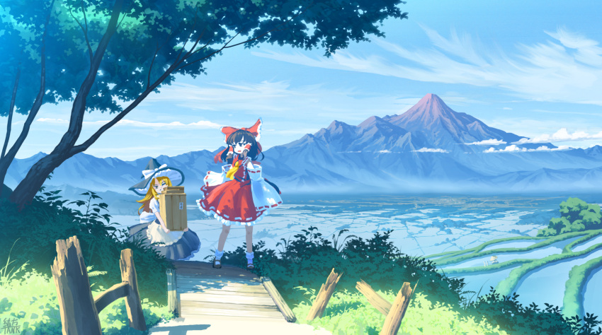 2girls apron bangs black_footwear black_headwear black_skirt blonde_hair bow brown_hair carrying clouds commentary_request day detached_sleeves full_body hair_bow hair_tubes hakurei_reimu hat hat_bow highres kirisame_marisa long_sleeves mountain multiple_girls ogata_tank one_eye_closed open_mouth outdoors red_bow red_shirt red_skirt rice_paddy shirt shoes short_sleeves skirt socks touhou tree white_bow white_legwear wide_sleeves witch_hat yellow_mask