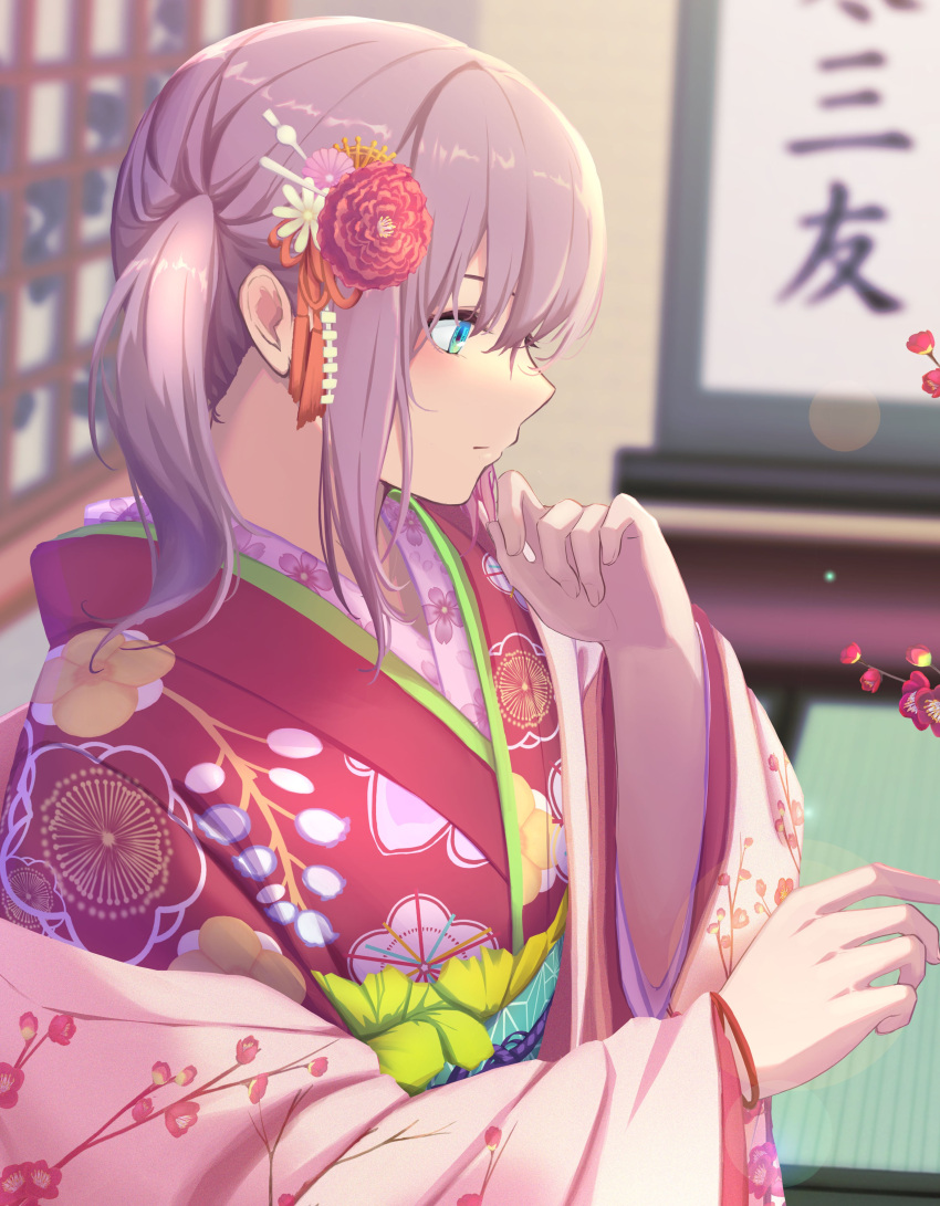 1girl 3_small_spiders absurdres ar-57_(girls'_frontline) ar-57_(with_the_three_friends_of_winter)_(girls'_frontline) bangs blue_eyes blush closed_mouth eyebrows_visible_through_hair floor flower girls_frontline hair_flower hair_ornament highres japanese_clothes kimono long_hair looking_away official_alternate_costume on_floor pink_hair pink_kimono profile side_ponytail solo upper_body