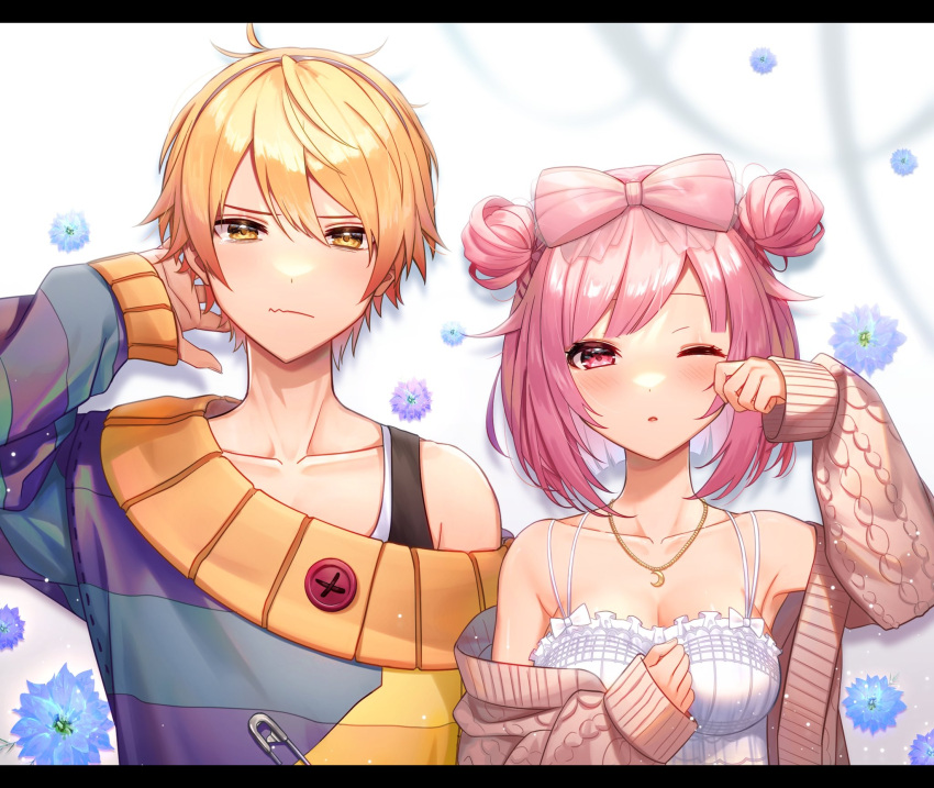 1boy 2girls blonde_hair bow breasts closed_eyes couple dress flower hair_ornament hetero highres jacket jewelry long_sleeves multicolored_hair multiple_girls necklace omurais_kcp ootori_emu pink_eyes pink_hair project_sekai shirt short_hair tenma_tsukasa yellow_eyes