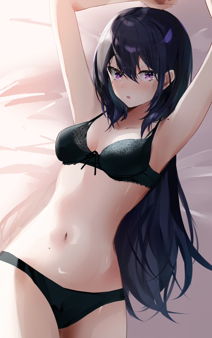 1girl absurdres armpits arms_up bangs bed_sheet black_bra black_hair black_panties blush bra breasts hair_between_eyes highres lace-trimmed_bra lace_trim long_hair looking_at_viewer lying medium_breasts mole mole_on_armpit mole_on_stomach nanashinayuzu_mochi navel on_back open_mouth original panties shiny shiny_hair solo stomach straight_hair underwear underwear_only violet_eyes