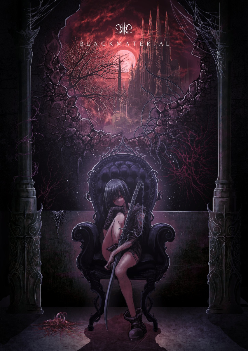 1girl :&lt; armchair bare_tree black_hair boots castle chair choker fantasy full_body gloves highres katana looking_at_viewer medium_hair mixed-language_commentary moon original pillar red_eyes red_moon scenery single_glove sitting solo sword thorns torn_clothes tree weapon yukineon