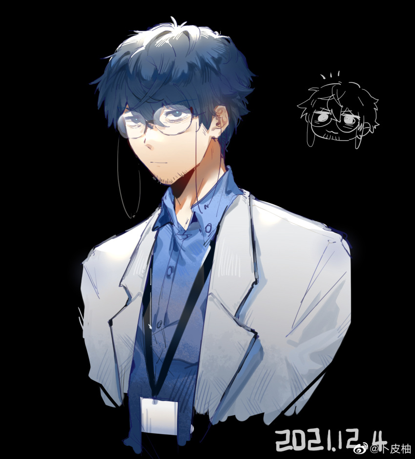 1boy black_background blue_eyes blue_hair blue_shirt bupiyo chibi chibi_inset chinese_commentary coat collared_shirt commentary_request dated facial_hair girls'_frontline_neural_cloud girls_frontline glasses hair_between_eyes highres labcoat lanyard looking_at_viewer male_focus male_professor_(girls'_frontline_nc) professor_(girls'_frontline_nc) shirt short_hair simple_background upper_body weibo_username white_coat