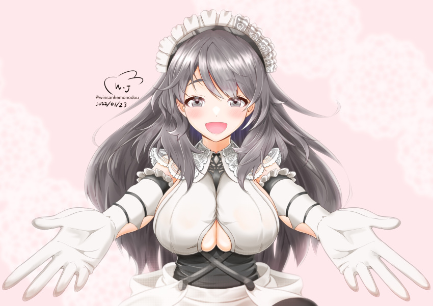 1girl absurdres artist_name azur_lane breasts charybdis_(azur_lane) clothing_cutout dated dress elbow_gloves eyebrows_visible_through_hair gloves grey_eyes grey_hair highres large_breasts long_hair looking_at_viewer maid_headdress open_mouth outstretched_arms pink_background signature simple_background solo under_boob underboob_cutout upper_body white_dress white_gloves winsankemonodou
