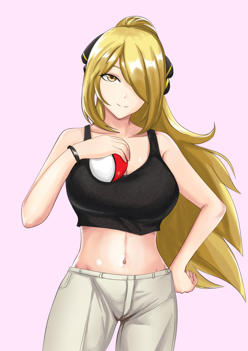 1girl absurdres alternate_costume alternate_hairstyle beige_pants black_tank_top breasts closed_mouth collarbone cowboy_shot crop_top cynthia_(pokemon) floating_hair hair_ornament hair_over_one_eye hand_on_hip high_ponytail highres large_breasts long_hair looking_at_viewer midriff navel pink_background pokemon pokemon_(game) pokemon_dppt ponytail sidelocks simple_background smile solo stomach tank_top tian_kazuki very_long_hair wristband yellow_eyes