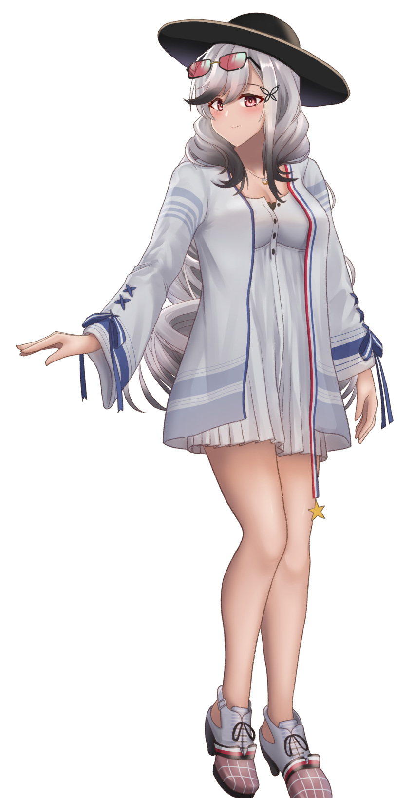 1girl absurdres azur_lane bakkasu150 black_headwear dress drill_hair dunkerque_(afternoon_venus)_(azur_lane) dunkerque_(azur_lane) eyewear_on_head french_flag full_body hat highres jacket long_hair looking_at_viewer official_alternate_costume open_clothes open_jacket outdoors partially_unbuttoned pink-tinted_eyewear red_eyes shoes short_dress solo standing sun_hat tinted_eyewear very_long_hair white_dress white_footwear white_jacket