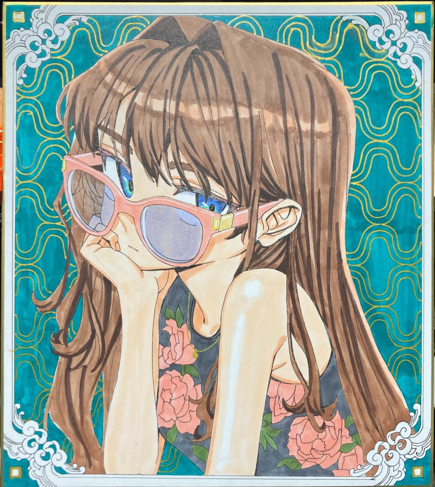 1girl bare_shoulders black_shirt blue-tinted_eyewear blue_eyes brown_hair closed_mouth elisia_valfelto hair_intakes hand_up highres looking_at_viewer luicent original photoshop_(medium) pink-framed_eyewear shirt solo sunglasses tinted_eyewear traditional_media upper_body