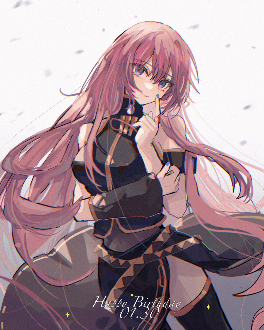 1girl armband bare_shoulders black_legwear black_shirt black_skirt blue_eyes blue_nails blurry blurry_background brooch commentary cowboy_shot crossed_arms dated finger_to_cheek gold_trim happy_birthday head_tilt highres jewelry linch long_hair long_skirt looking_at_viewer megurine_luka nail_polish pink_hair shirt side_slit skirt sleeveless sleeveless_shirt smile solo sparkle standing thigh-highs very_long_hair vocaloid
