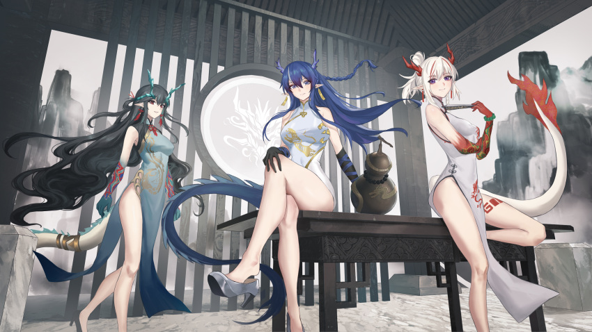 3girls absurdres arknights bangs bare_legs bare_shoulders black_hair blue_dress blue_eyes blue_hair blunt_bangs ch'en_(arknights) china_dress chinese_clothes chinese_commentary closed_mouth cola-alter dragon_girl dragon_horns dragon_tail dress dusk_(arknights) elbow_gloves eyebrows_visible_through_hair gloves gold_trim hair_between_eyes hand_fan hand_on_own_knee hand_up high_heels highres horns long_hair looking_at_viewer medium_hair multicolored_hair multiple_girls nian_(arknights) red_eyes redhead shoe_dangle sitting smile standing standing_on_one_leg streaked_hair table tail two-tone_hair violet_eyes white_dress white_hair
