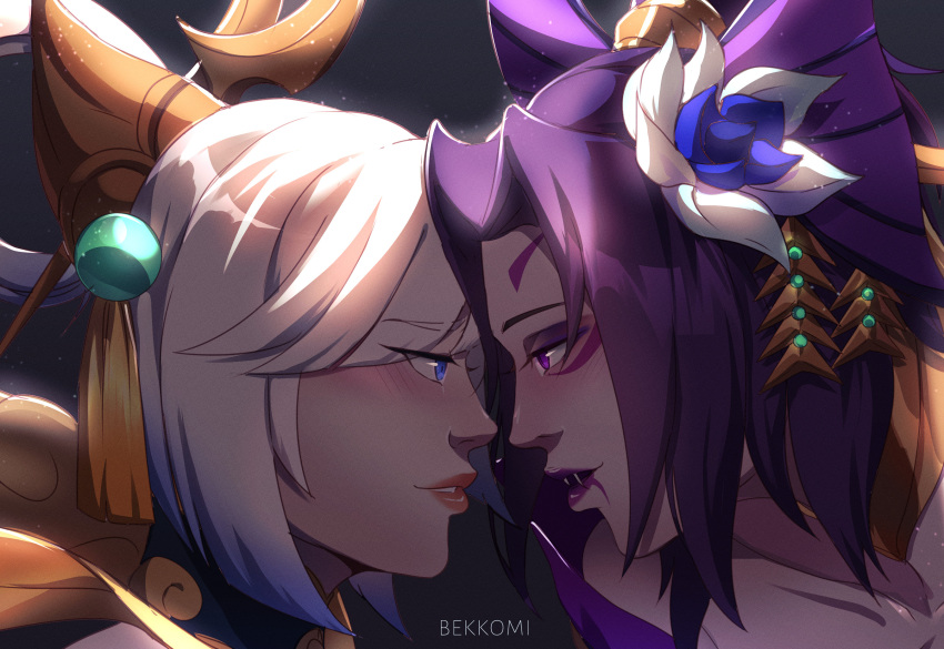 2girls artist_name bangs bekkomi blue_flower blue_hair blush cassiopeia_du_couteau collarbone english_commentary eye_contact eyebrows_visible_through_hair fangs flower hair_flower hair_ornament highres league_of_legends long_hair looking_at_another lunar_empress_lux lux_(league_of_legends) multicolored_hair multiple_girls official_alternate_costume parted_bangs portrait purple_hair shiny shiny_hair short_hair spirit_blossom_cassiopeia two-tone_hair white_flower yuri