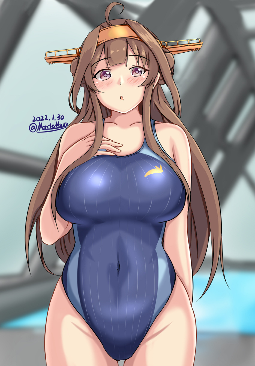1girl :o ahoge blue_swimsuit blush breasts brown_hair competition_swimsuit covered_navel cowboy_shot dated double_bun eyebrows_visible_through_hair hair_between_eyes hairband hand_on_own_chest headgear highres indoors kantai_collection kongou_(kancolle) kongou_kai_ni_(kancolle) large_breasts long_hair montemasa one-piece_swimsuit open_mouth pool rei_no_pool ribbon_trim solo swimsuit twitter_username violet_eyes water window