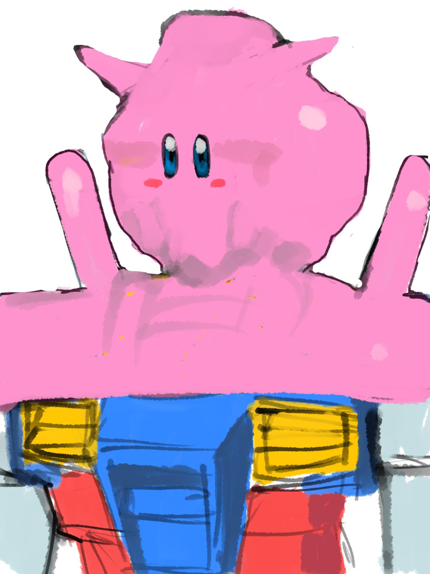 alien blue_eyes blush crossover dakusuta gundam highres kirby kirby_(series) kirby_and_the_forgotten_land mecha mobile_suit_gundam no_humans parody portrait rx-78-2 science_fiction sketch solo v-fin white_background