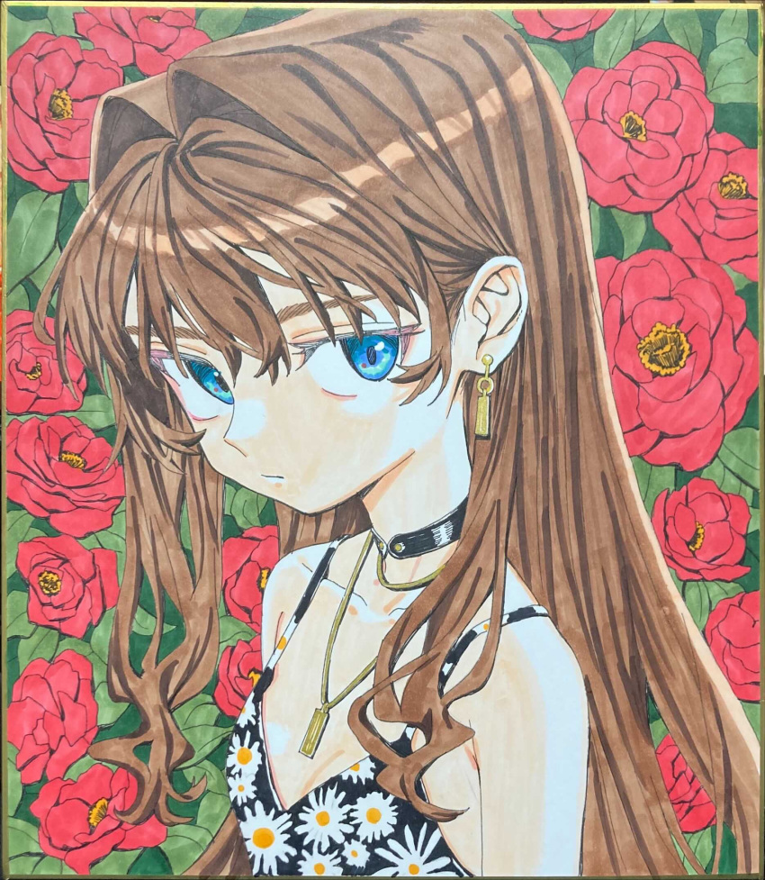 1girl black_choker black_dress blue_eyes brown_hair choker closed_mouth dress earrings elisia_valfelto flower hair_intakes highres jewelry looking_at_viewer luicent necklace original photoshop_(medium) red_flower solo traditional_media upper_body