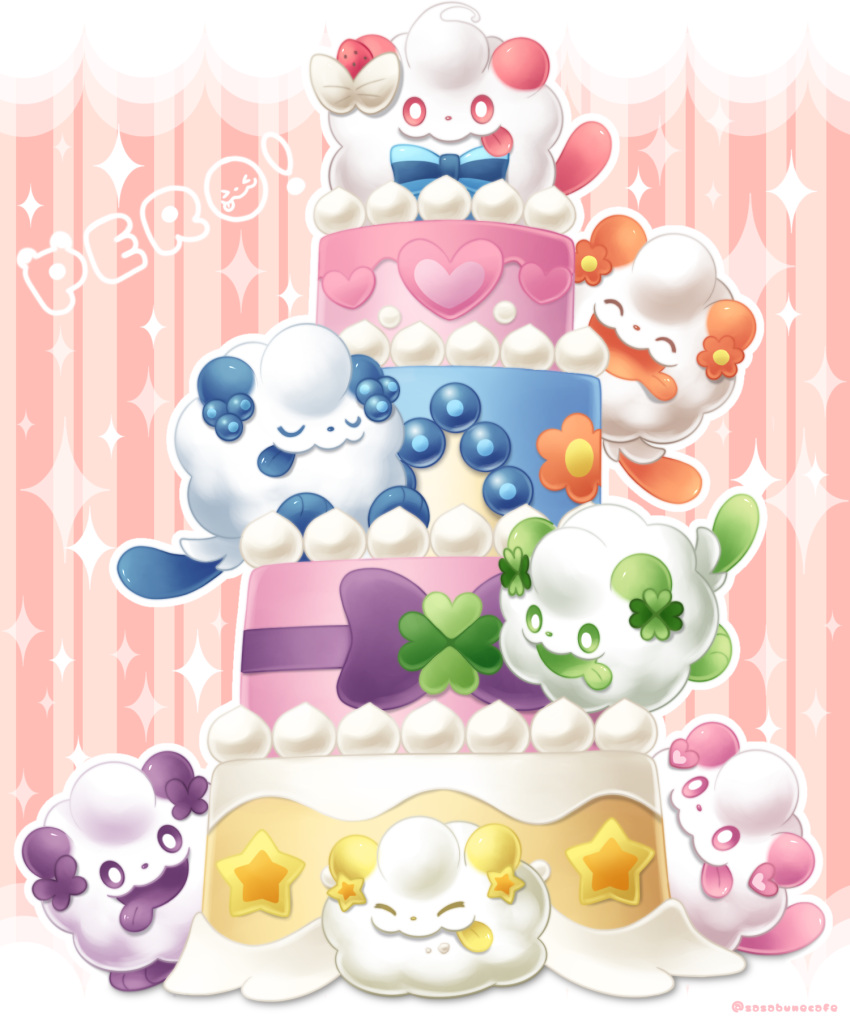 :d cake closed_eyes closed_mouth commentary_request food food_on_face green_eyes highres looking_at_viewer no_humans outline pink_eyes pokemon pokemon_(creature) sasabunecafe smile sparkle swirlix tongue tongue_out violet_eyes