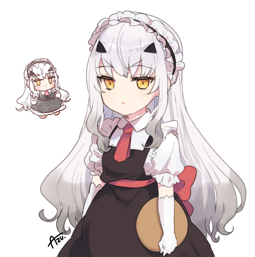 alternate_costume ascot azu_(kirara310) black_dress chibi cosplay dress elbow_gloves enmaided expressionless fairy_knight_lancelot_(fate) fate/grand_order fate_(series) frills gloves kobayashi-san_chi_no_maidragon long_hair maid maid_headdress orange_eyes puffy_short_sleeves puffy_sleeves short_sleeves sidelocks tohru_(maidragon) tohru_(maidragon)_(cosplay) tray white_gloves white_hair