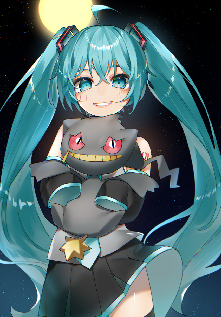 1girl absurdres ahoge banette bangs bare_shoulders black_skirt blush crossover detached_sleeves eyelashes green_eyes green_hair green_necktie grey_shirt hair_between_eyes hatsune_miku highres holding holding_pokemon long_hair necktie pleated_skirt pokemon pokemon_(creature) reirou_(chokoonnpu) shiny shiny_hair shiny_skin shirt skirt sleeveless sleeveless_shirt smile symbol-only_commentary thigh-highs tied_hair twintails vocaloid