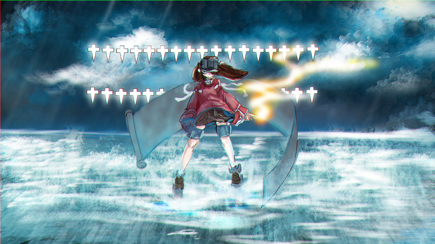 1girl bangs brown_hair brown_skirt closed_mouth clouds cloudy_sky commentary_request gomio_(bb-k) hat japanese_clothes kantai_collection kariginu long_sleeves looking_at_viewer onmyouji outdoors pleated_skirt rigging ryuujou_(kancolle) scroll shikigami skirt sky standing twintails visor_cap water wide_sleeves