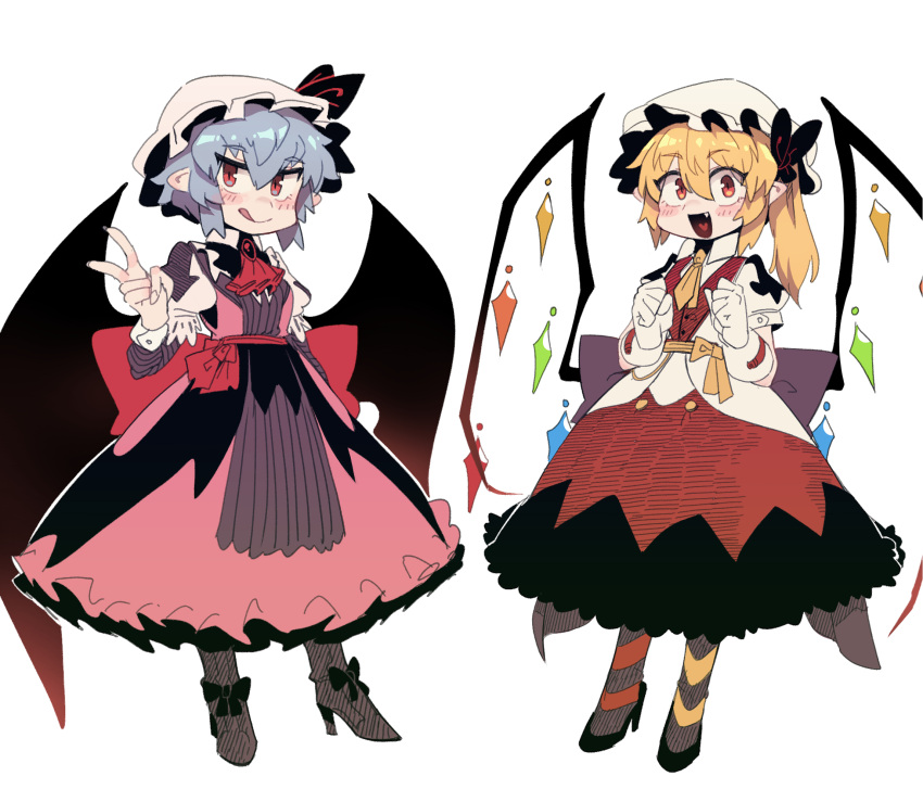 2girls :d :q ascot asymmetrical_legwear bangs bat_wings black_footwear blonde_hair blue_hair clenched_hands closed_mouth crystal dress eyebrows_visible_through_hair fang flandre_scarlet full_body gloves hair_between_eyes hat high_heels highres looking_at_viewer mob_cap multiple_girls nyong_nyong one_side_up open_mouth pink_dress pointy_ears puffy_short_sleeves puffy_sleeves red_ascot red_eyes remilia_scarlet short_hair short_sleeves siblings simple_background sisters smile standing symbol-only_commentary tongue tongue_out touhou v white_background white_gloves white_headwear wings yellow_ascot