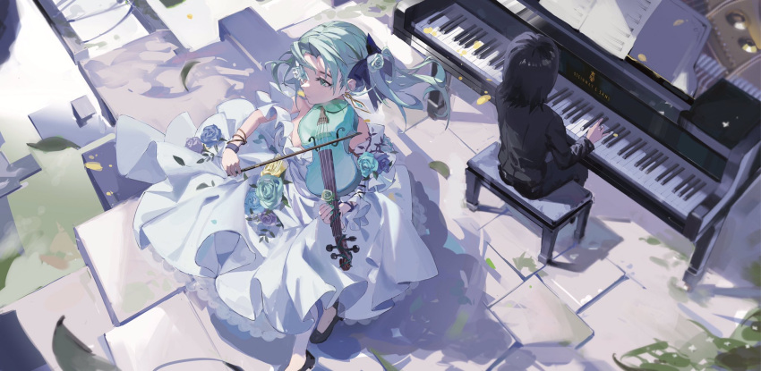 1girl 1other ambiguous_gender aqua_eyes aqua_flower aqua_hair arcaea arm_up bangs bare_shoulders black_bow black_footwear black_hair black_jacket black_pants blue_flower bow bow_(music) bracelet breasts closed_mouth commentary dress dress_flower earrings english_commentary facing_away flower flower_over_eye from_above full_body hair_bow hair_flower hair_ornament hand_up highres holding holding_instrument instrument jacket jewelry leaf leaves_in_wind long_hair long_sleeves looking_away medium_breasts medium_hair music off-shoulder_dress off_shoulder outdoors pants parted_bangs piano piano_bench playing_instrument purple_flower reset saya_(arcaea) shoes sitting standing violin white_flower wristband yellow_flower