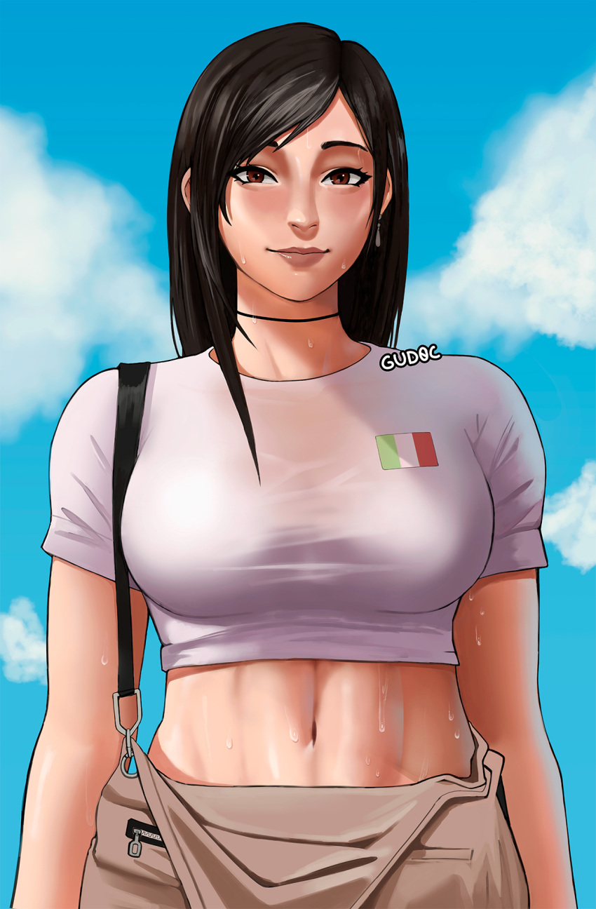 1girl alternate_costume arms_at_sides bangs black_hair blue_sky blush brown_lips brown_pants choker closed_mouth clouds crop_top day earrings final_fantasy final_fantasy_vii final_fantasy_vii_remake gud0c highres italian_flag italian_senate_porn_livestream jewelry long_hair looking_at_viewer midriff navel pants red_eyes see-through shiny shiny_clothes shiny_hair shiny_skin shirt short_sleeves single_sidelock sky smile solo stomach suspenders sweat swept_bangs taut_clothes taut_shirt tifa_lockhart toned upper_body wet wet_clothes wet_shirt white_shirt