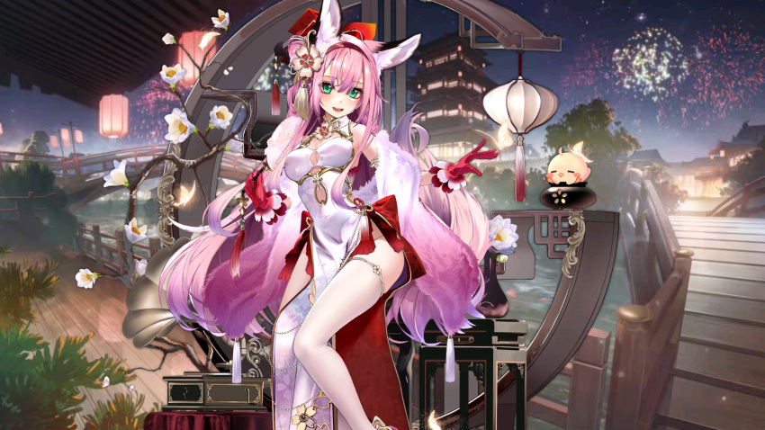1girl animal_ear_fluff animal_ears azur_lane bare_shoulders china_dress chinese_clothes chinese_new_year clothing_cutout dress eyebrows_visible_through_hair eyes_visible_through_hair flower full_body gloves green_eyes hair_flower hair_ornament hair_over_shoulder hairband hanazuki_(azur_lane) hanazuki_(blossoming_spring_resplendent_moon)_(azur_lane) highres long_hair looking_at_viewer official_alternate_costume open_mouth parted_lips pelvic_curtain pink_footwear pink_gloves pink_hair pink_hairband red_gloves shirokitsune solo tail teeth thigh-highs upper_teeth white_dress white_legwear