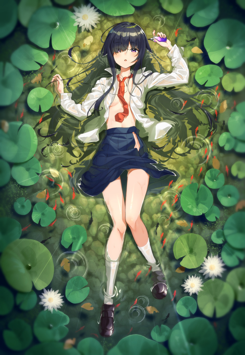 1girl :o arm_up bangs black_hair blue_skirt blush breasts brown_footwear digital_media_player dress_shirt full_body hair_over_one_eye highres holding kabu_(niniko2ko) knees_together_feet_apart koi lily_pad long_hair long_sleeves looking_at_viewer lying necktie no_bra on_back open_clothes open_mouth open_shirt original partially_submerged pleated_skirt pond rain red_necktie shiny shiny_hair shirt shoes skirt small_breasts socks solo violet_eyes water water_lily_flower wet wet_clothes white_legwear white_shirt