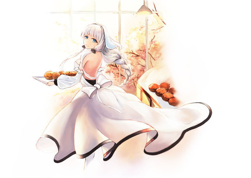 1girl adapted_costume azur_lane back_bow backless_dress backless_outfit bakery bare_back bare_shoulders blue_eyes bow braid breasts detached_sleeves dress highres illustrious_(azur_lane) large_breasts long_dress long_hair looking_at_viewer looking_back modothirly shop solo white_bow white_dress white_hair