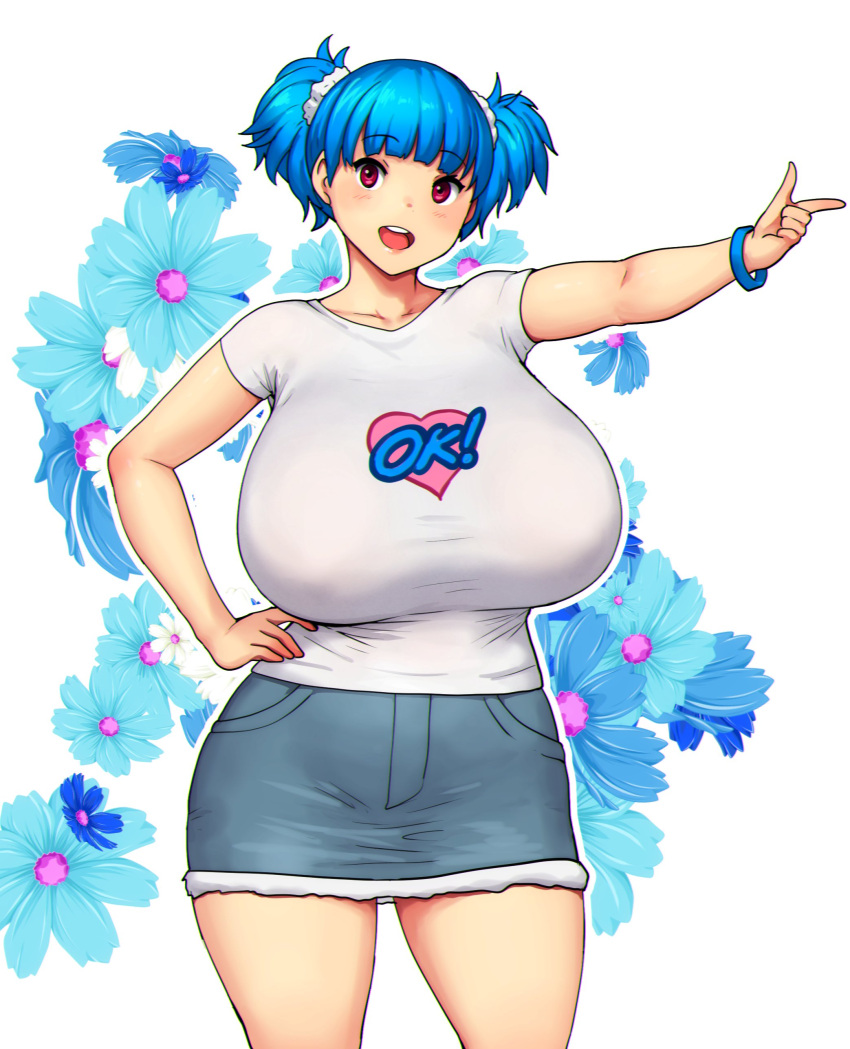 1girl absurdres blue_hair breasts cowboy_shot cropped_legs denim denim_skirt english_commentary english_text erkaz eyebrows floral_background flower hand_on_hip highres huge_breasts original red_eyes rina_atherina skirt thick_thighs thighs twintails