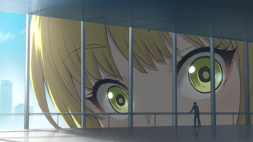 blonde_hair day fr&eacute;d&eacute;rica giantess green_eyes interior looking_inside macrophilia miyamoto_frederica perspective pixiv pov shrunken sky skyscraper the_idolm@ster the_idolm@ster_cinderella_girls tiny_human window