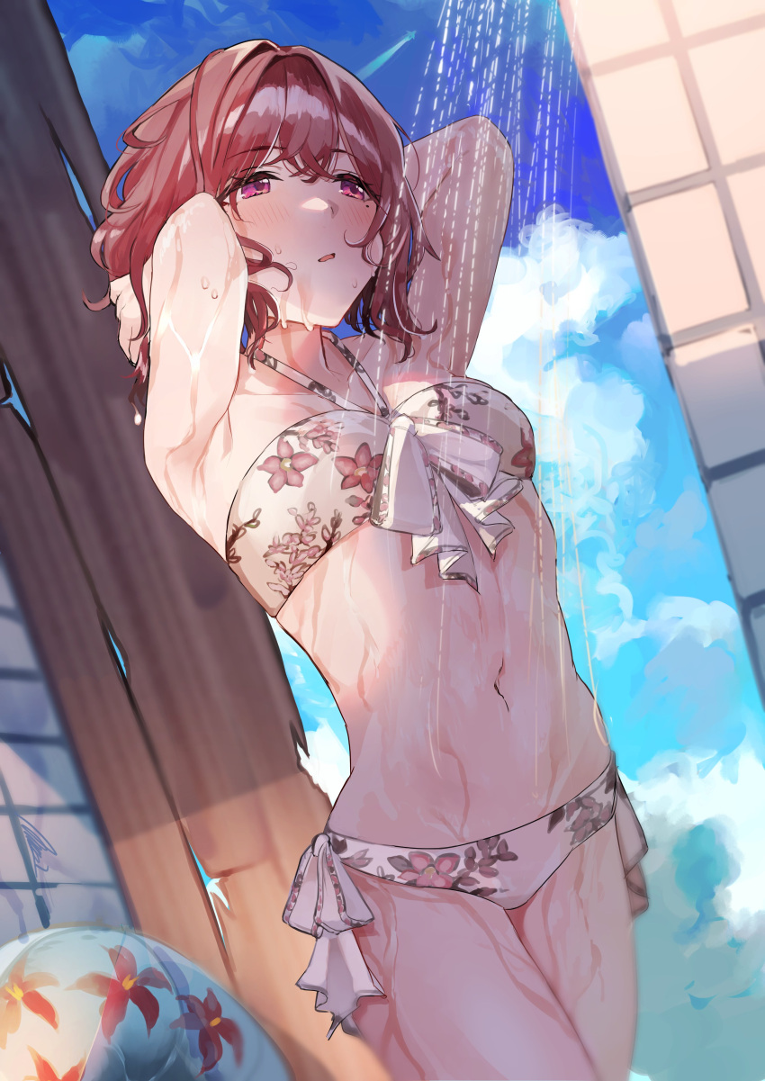 1girl :o absurdres armpits arms_up bangs bare_arms bikini blush breasts brown_eyes brown_hair clouds cowboy_shot english_commentary floral_print front-tie_bikini front-tie_top groin hair_between_eyes halterneck highres higuchi_madoka idolmaster idolmaster_shiny_colors mole mole_under_eye navel open_mouth revision short_hair shower_(place) showering side-tie_bikini sky small_breasts solo stomach swimsuit tile_wall tiles uouokuma wet white_bikini