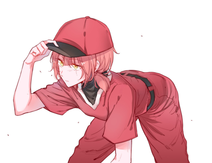 1girl baseball_cap baseball_uniform closed_mouth commentary expressionless eyebrows_visible_through_hair feet_out_of_frame hand_on_headwear hat highres jersey koito_yuu leaning_forward pants red_headwear red_pants red_shirt redhead shirt short_sleeves short_twintails simple_background solo sportswear spotlight_l sweat twintails white_background yagate_kimi_ni_naru yellow_eyes