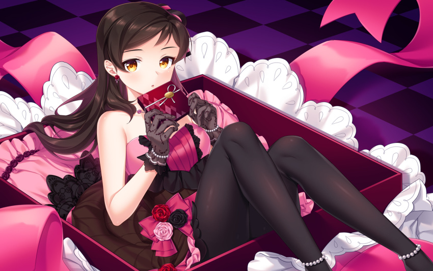 1girl anklet black_legwear box brown_hair checkered_floor dress earrings gift gift_box gloves grey_gloves hair_over_shoulder holding holding_box idolmaster idolmaster_million_live! idolmaster_million_live!_theater_days jewelry kitazawa_shiho long_hair looking_at_viewer open_mouth pantyhose shiny shiny_hair solo strapless strapless_dress touon yellow_eyes
