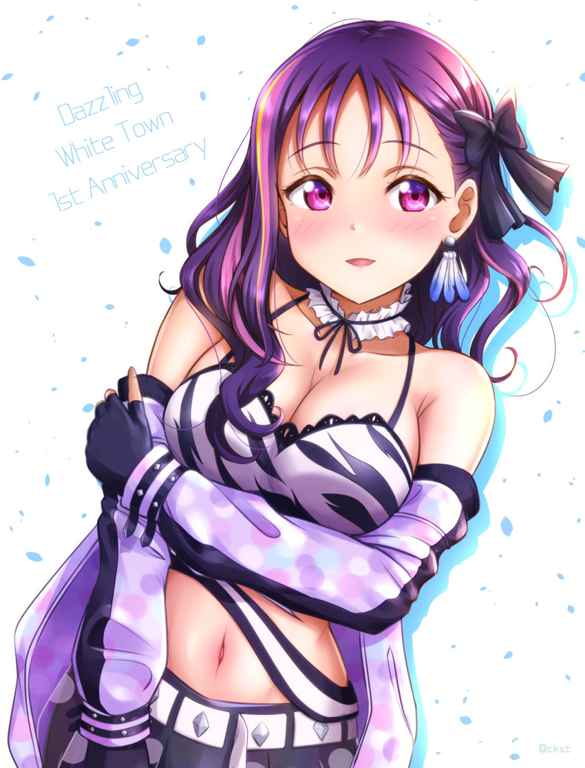 1girl :d animal_print arm_under_breasts bare_shoulders black_gloves blush breasts camisole choker ckst dazzling_white_town earrings feather_earrings feathers fingerless_gloves frilled_choker frills gloves highres jacket jewelry kazuno_sarah love_live! love_live!_sunshine!! medium_breasts midriff multicolored_hair navel off_shoulder open_clothes open_jacket parted_lips purple_hair smile solo streaked_hair tiger_print