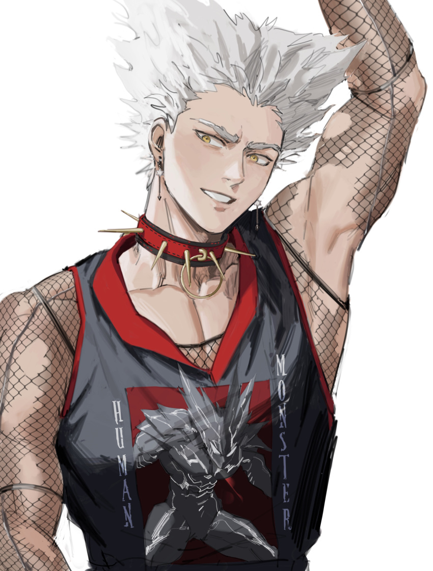 1boy absurdres arm_up black_tank_top brown_eyes collar earrings fishnet_fabric fishnet_shirt fishnets garou_(one-punch_man) highres jewelry male_focus mesh muscular muscular_male one-punch_man short_hair smile solo spiked_collar spikes spiky_hair tank_top teeth thisuserisalive upper_body white_hair