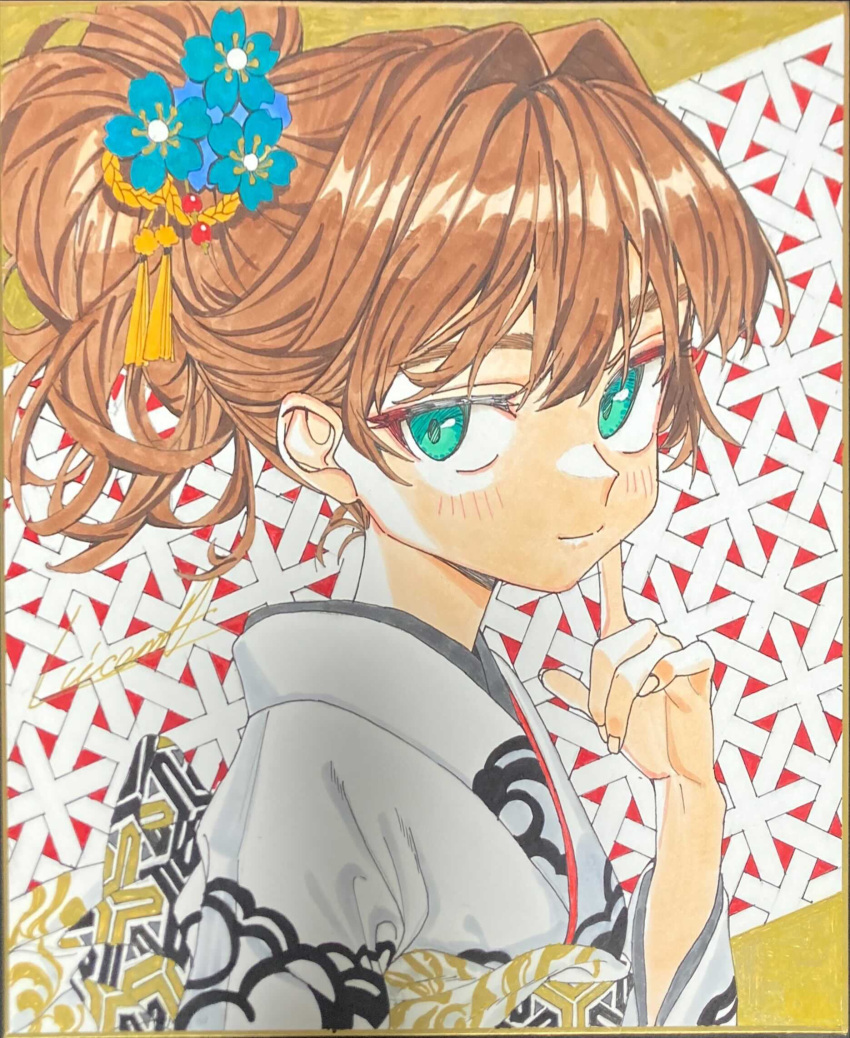1girl blue_eyes blue_flower brown_hair closed_mouth elisia_valfelto finger_to_cheek floral_print flower green_eyes hair_bun hair_flower hair_intakes hair_ornament hand_up highres japanese_clothes kimono looking_at_viewer luicent original photoshop_(medium) smile solo traditional_media upper_body white_kimono