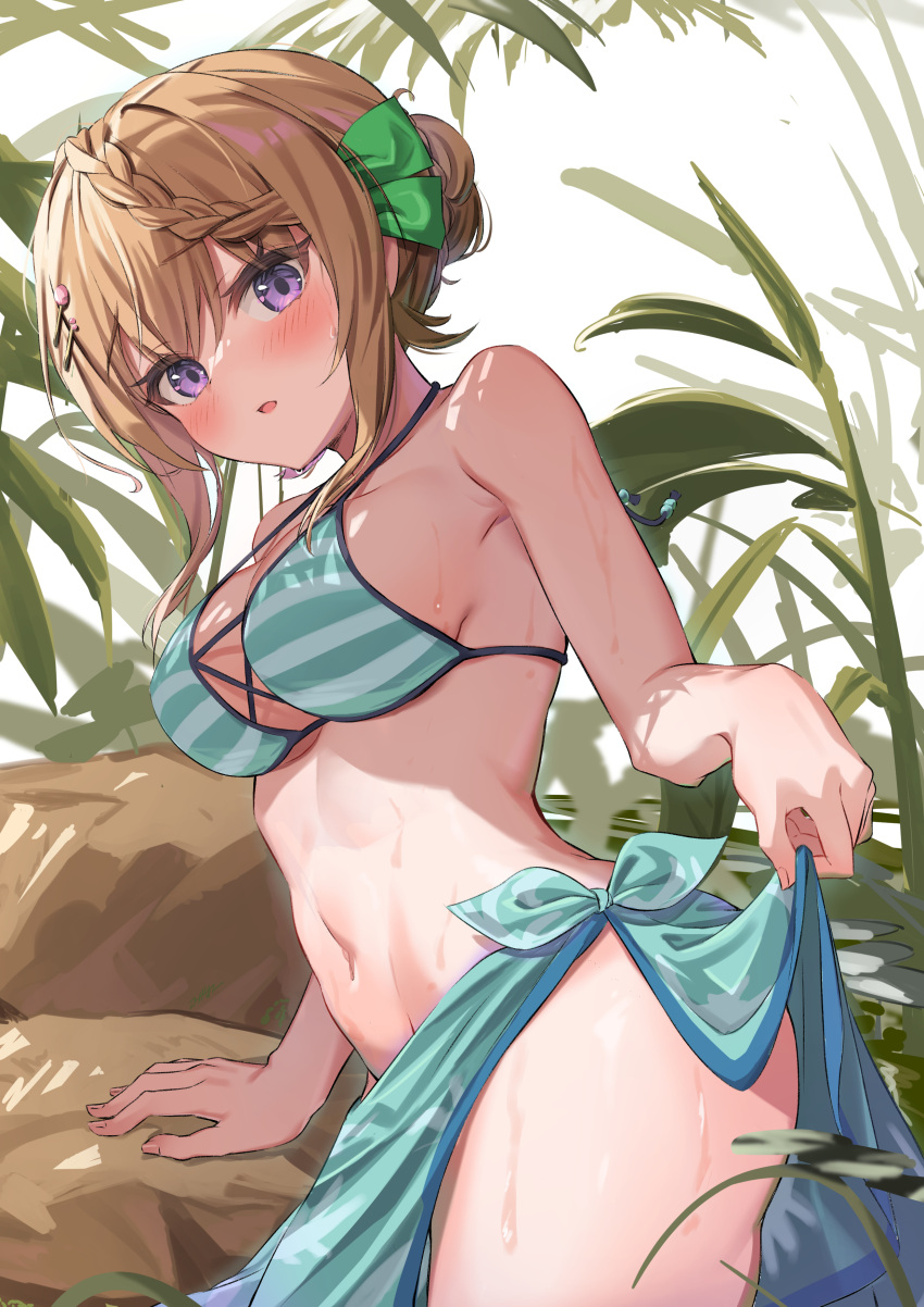 1girl absurdres aqua_bikini aqua_sarong arm_support bad_anatomy bad_perspective bare_arms bare_shoulders bikini blonde_hair blush braid braided_bun breasts cowboy_shot eyebrows_visible_through_hair hair_between_eyes highres kantai_collection kokenashi large_breasts navel open_mouth perth_(kancolle) rock sarong short_hair solo striped striped_bikini swimsuit violet_eyes