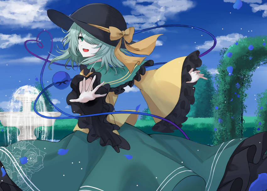 1girl :d bangs black_headwear blue_sky bow clouds cowboy_shot fountain garden green_eyes green_hair green_skirt hair_over_one_eye hat hat_bow heart heart_of_string highres komeiji_koishi kuro_wa_shinoru long_sleeves looking_at_viewer open_mouth outdoors petals shirt skirt sky smile solo standing third_eye touhou wide_sleeves yellow_bow yellow_shirt