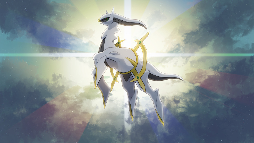 absurdres arceus clouds colored_sclera commentary_request day emoemon from_below full_body green_sclera highres looking_down outdoors pokemon pokemon_(creature) red_eyes sky