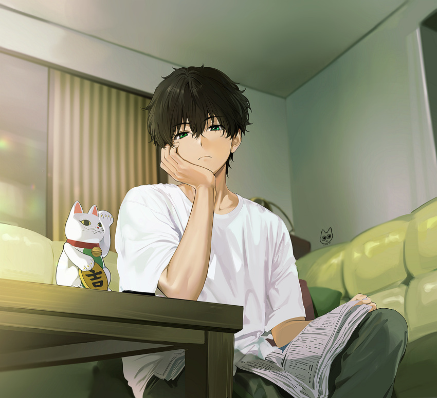 1boy artist_logo black_hair casual couch dated gold green_eyes green_pants hand_on_own_face highres hyouka indian_style indoors koban_(gold) living_room male_focus maneki-neko mery_(yangmalgage) newspaper official_style oreki_houtarou pants shirt short_hair sitting solo t-shirt table white_shirt window