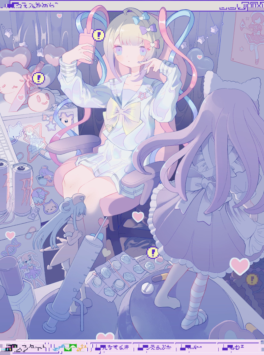 ! 1girl absurdres animal_ears apron back_bow blue_eyes blue_hair blush bow cat_ears cellphone chair chouzetsusaikawa_tenshi-chan commentary_request curtains dna dress eguchi_saan energy_drink figure frilled_apron frills gaming_chair grey_hair hair_bow heart highres holding holding_phone indoors keyboard_(computer) knife long_hair maid multicolored_hair needy_girl_overdose neon_palette phone pill pink_hair poster_(object) sailor_collar school_uniform serafuku single_thighhigh sitting skirt smartphone solo star_(symbol) sticker stuffed_toy syringe thigh-highs very_long_hair