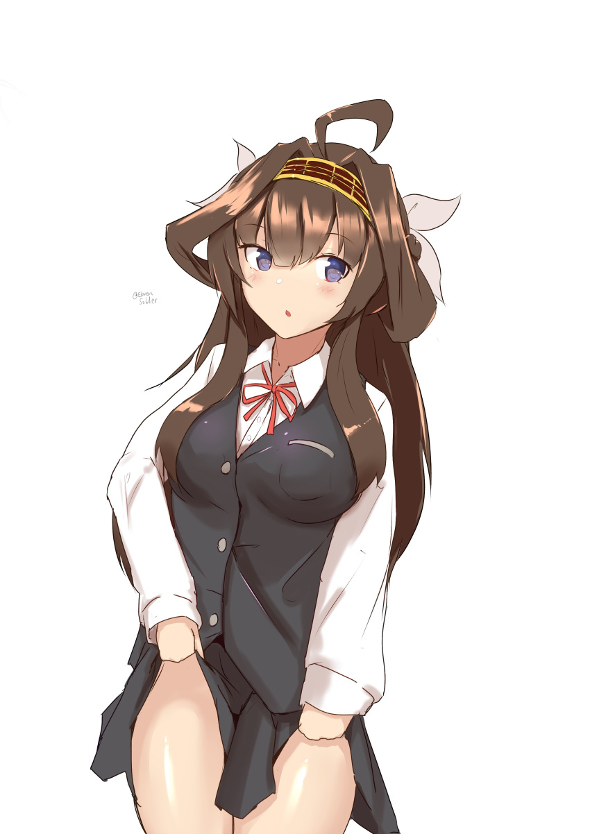 1girl absurdres ahoge alternate_costume brown_hair brown_skirt brown_vest cowboy_shot double_bun hairband highres kantai_collection kongou_(kancolle) long_hair looking_at_viewer minoa_11touhei neck_ribbon one-hour_drawing_challenge pleated_skirt red_ribbon ribbon simple_background skirt skirt_hold solo vest violet_eyes white_background younger