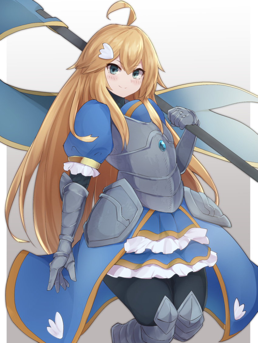 1girl ahoge armor armored_dress bangs banner black_pants blonde_hair blue_eyes breastplate commission copyright_request gauntlets gradient gradient_background greaves grey_background hair_between_eyes hair_ornament hairclip highres long_hair looking_at_viewer pants puffy_short_sleeves puffy_sleeves short_sleeves simple_background skeb_commission smile solo yonaga