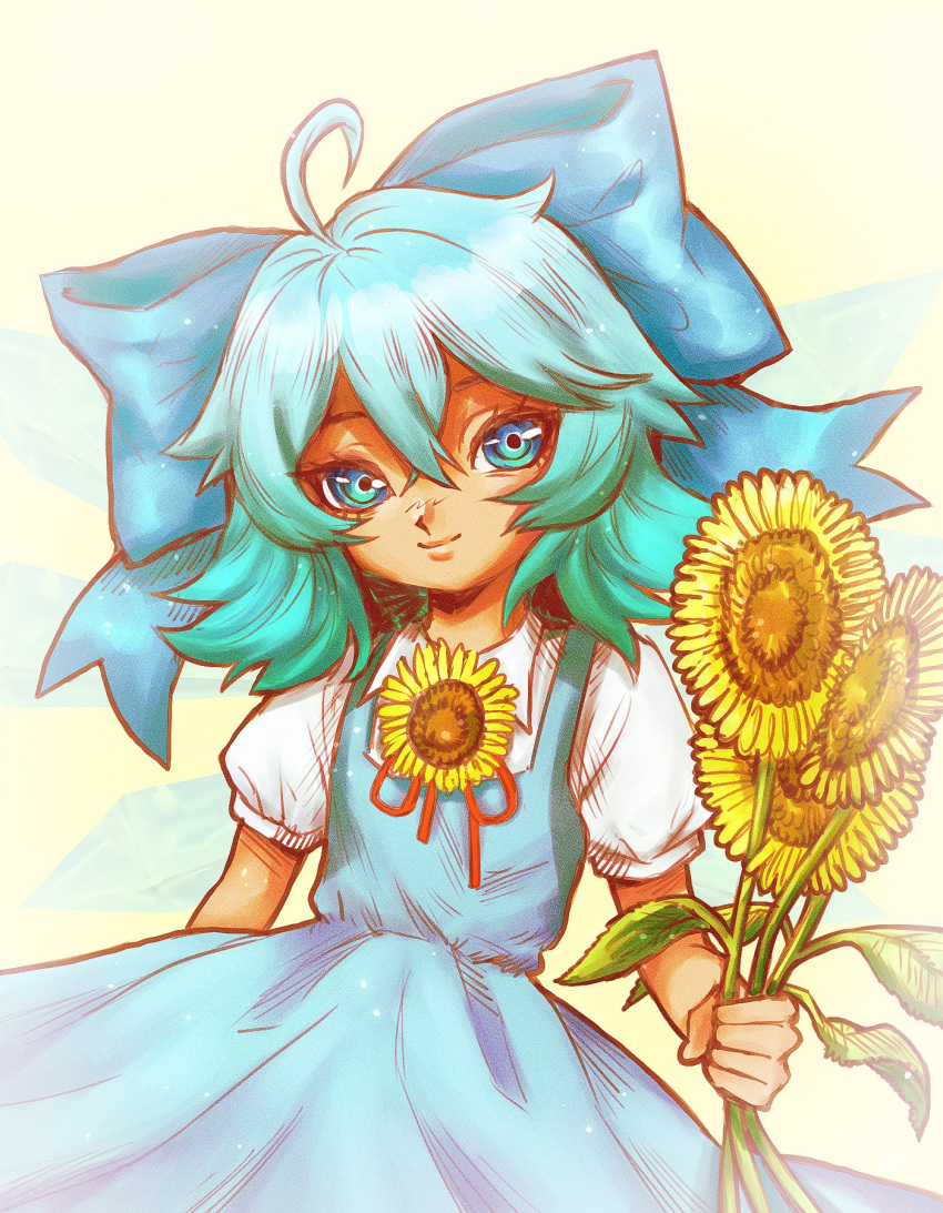 1girl blue_bow blue_eyes blue_hair bow cirno dress flower highres ice ice_wings skullchimes sunflower tagme tanned_cirno touhou wings