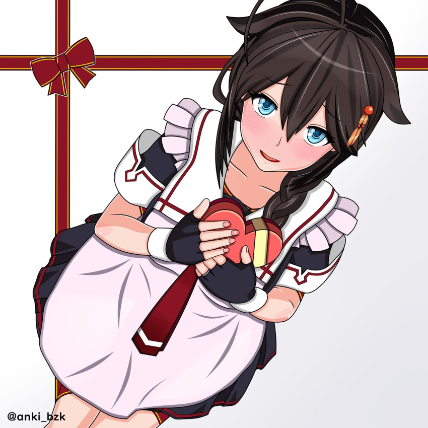 1girl :d ahoge anki_bzk apron black_gloves black_hair black_serafuku black_skirt blue_eyes blush box braid commentary_request dutch_angle eyebrows_visible_through_hair fingerless_gloves from_above gift gift_box gloves hair_flaps hair_ornament hair_over_shoulder heart-shaped_box highres holding holding_gift kantai_collection looking_at_viewer necktie official_alternate_costume open_mouth red_neckwear remodel_(kantai_collection) school_uniform serafuku shigure_(kancolle) single_braid skirt smile solo twitter_username white_apron