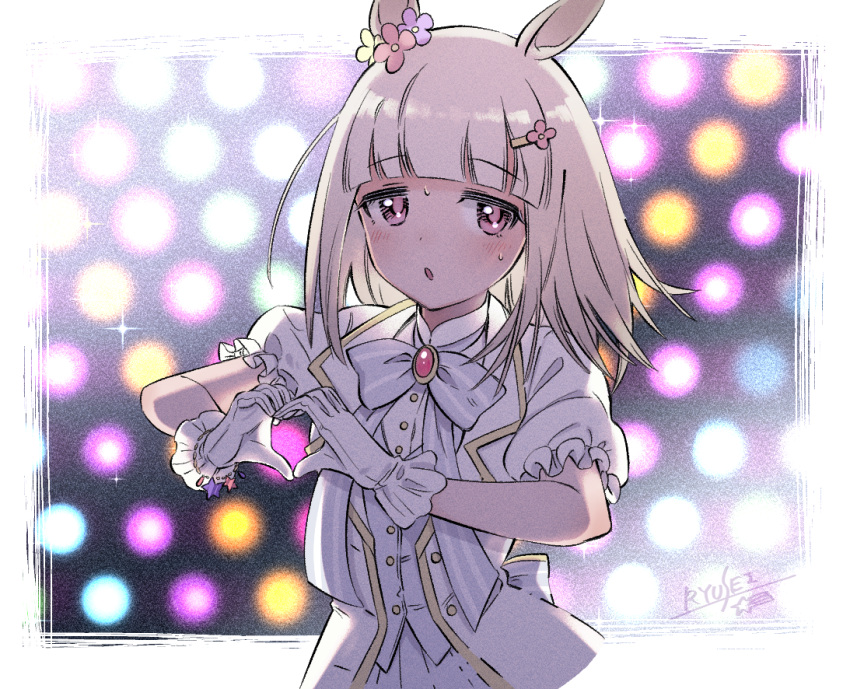 1girl :o animal_ears artist_name backlighting blurry blush bokeh bow bowtie brooch coat depth_of_field diffraction_spikes gloves hair_bow hair_ornament hairclip happy_meek_(umamusume) heart heart_hands horse_ears jewelry looking_at_viewer medium_hair pink_eyes puffy_short_sleeves puffy_sleeves puzzle157xxx shirt short_sleeves solo sweat uma_pyoi_densetsu umamusume upper_body vest white_coat white_gloves white_shirt