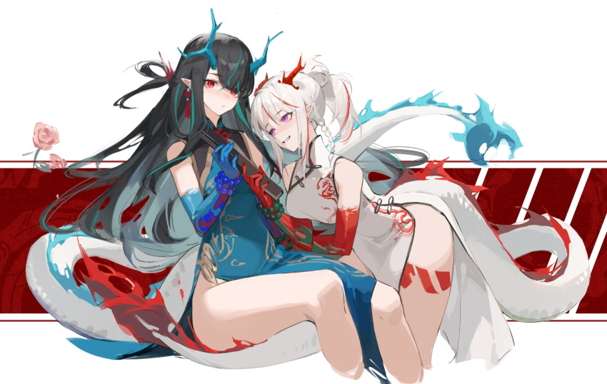 2girls arknights bangs bare_legs bare_shoulders black_hair blue_dress blue_fire blue_skin braid breasts closed_mouth colored_skin commentary_request cropped_legs dragon_girl dragon_horns dragon_tail dress dusk_(arknights) dusk_(everything_is_a_miracle)_(arknights) earrings eyebrows_visible_through_hair fiery_tail fire gradient_skin green_hair hcc7159684 highres holding horns jewelry leaning_forward leg_tattoo long_hair looking_at_another looking_at_viewer medium_breasts multicolored_hair multiple_girls nian_(arknights) nian_(unfettered_freedom)_(arknights) official_alternate_costume parted_lips pelvic_curtain pointy_ears ponytail red_eyes red_skin redhead siblings side_braid silver_hair sisters sitting sleeveless sleeveless_dress streaked_hair tail tattoo two-tone_hair very_long_hair violet_eyes white_dress