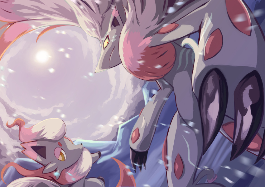 claws closed_mouth commentary_request evolutionary_line grey_fur highres hisuian_zoroark hisuian_zorua looking_back macham_jaeger no_humans outdoors pokemon pokemon_(creature) snowing yellow_eyes