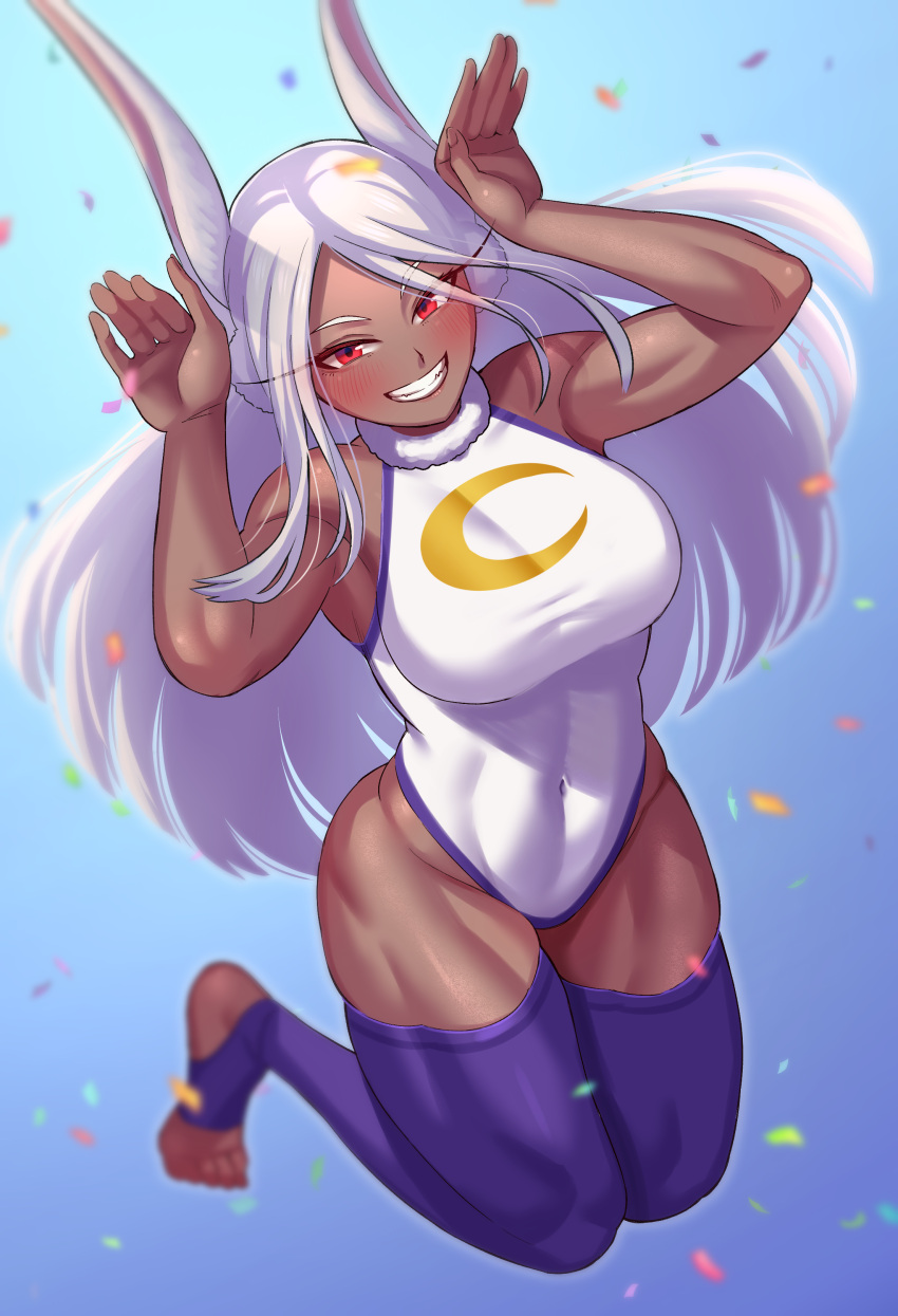 1girl absurdres animal_ear_fluff animal_ears aqua_background armpits arms_up bangs biceps blue_background blurry blurry_background boku_no_hero_academia bunny_pose confetti crescent_print dark-skinned_female dark_skin full_body fur-trimmed_collar gradient gradient_background heel-less_legwear highleg highleg_leotard highres impossible_clothes impossible_leotard leotard lips long_eyelashes long_hair looking_at_viewer mirko muscular muscular_female navel parted_bangs purple_legwear rabbit_ears rabbit_girl rabbit_tail shiny shiny_hair shiny_skin sidelighting smile solo superhero tail taut_leotard thick_thighs thigh-highs thighs toeless_legwear toes toin_(koto54576897) toned very_long_hair white_hair white_leotard wide_hips